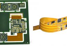 Image Courtesy to PCBWay. On the right, an assembled flex board. On the left, a panel of rigid-flex board